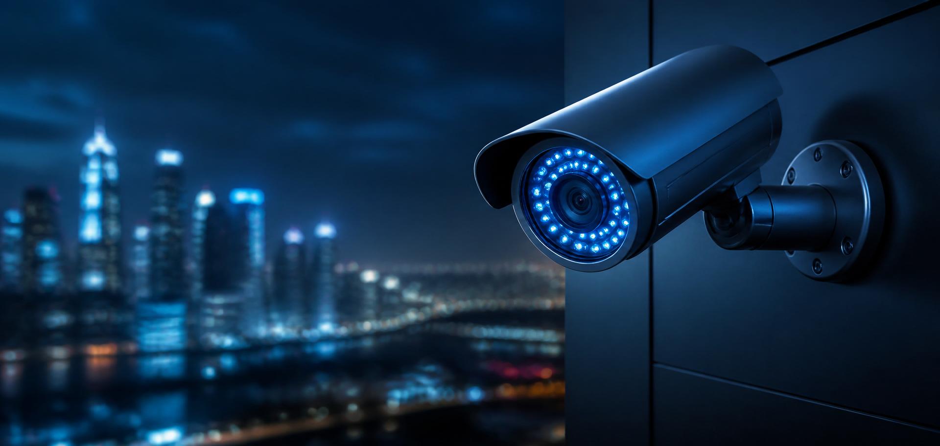 Câmera de segurança bullet moderna instalada em prédio à noite