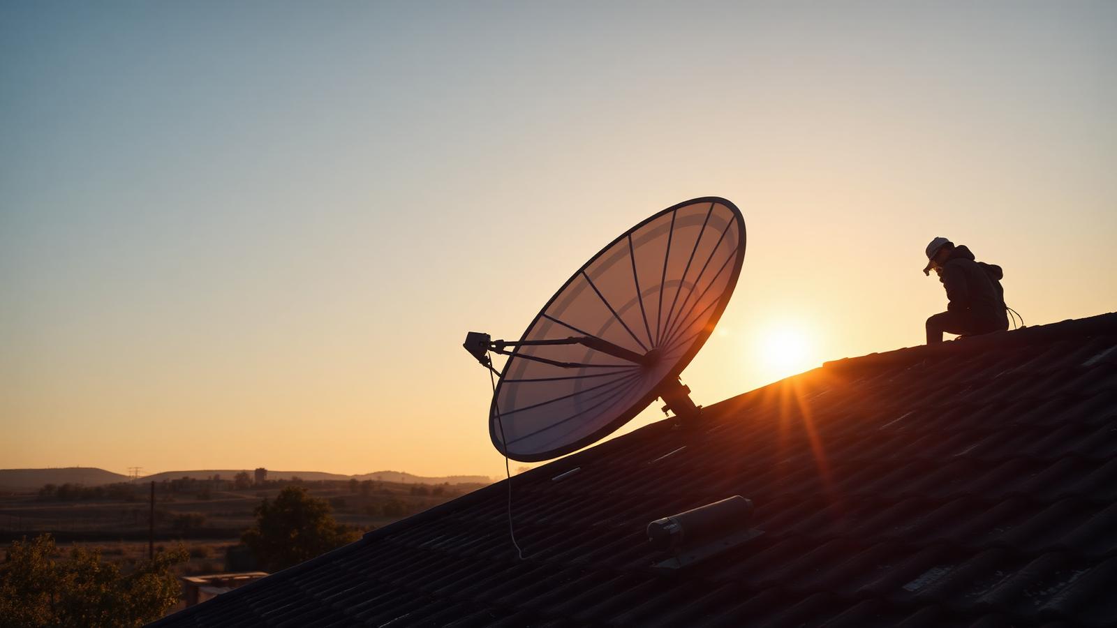 Antena parabólica instalada em telhado rural ao pôr do sol