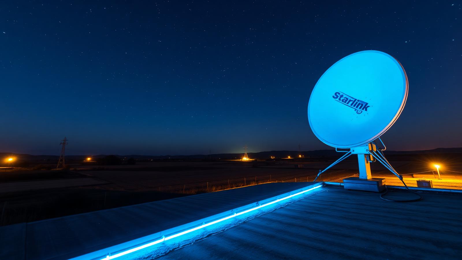 Antena Starlink em propriedade rural sob céu estrelado com destaques em azul neon